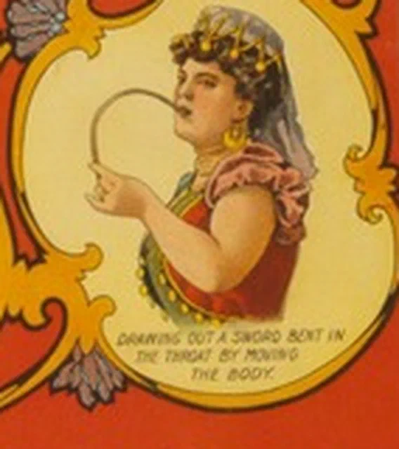 Detail from the poster: an oval vignette of a performer drawing a curved sword from her throat, captioned in small condensed capitals 'DRAWING OUT A SWORD BENT IN THE THROAT BY MOVING THE BODY.'