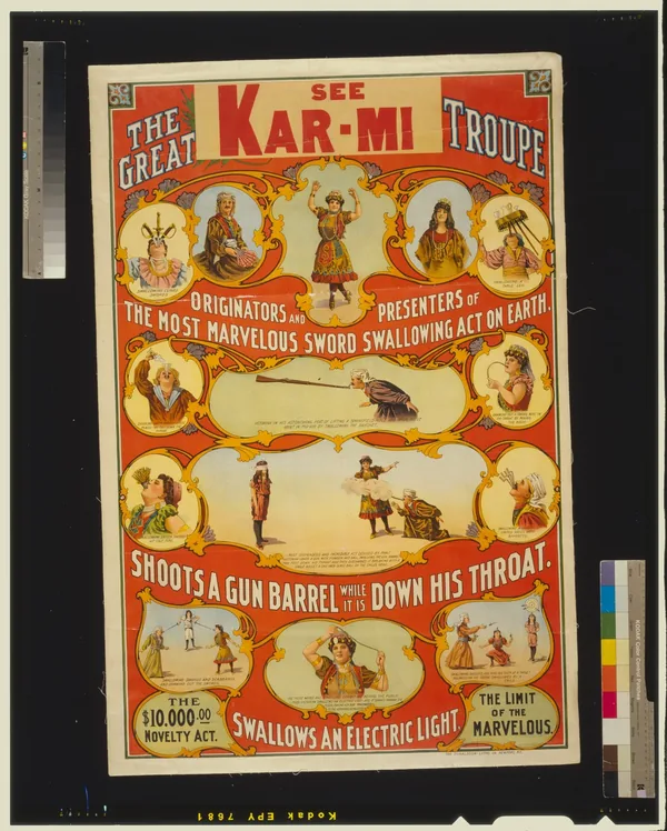 Vaudeville chromolithograph with hand-lettered display type arched over an illustration, colour on colour