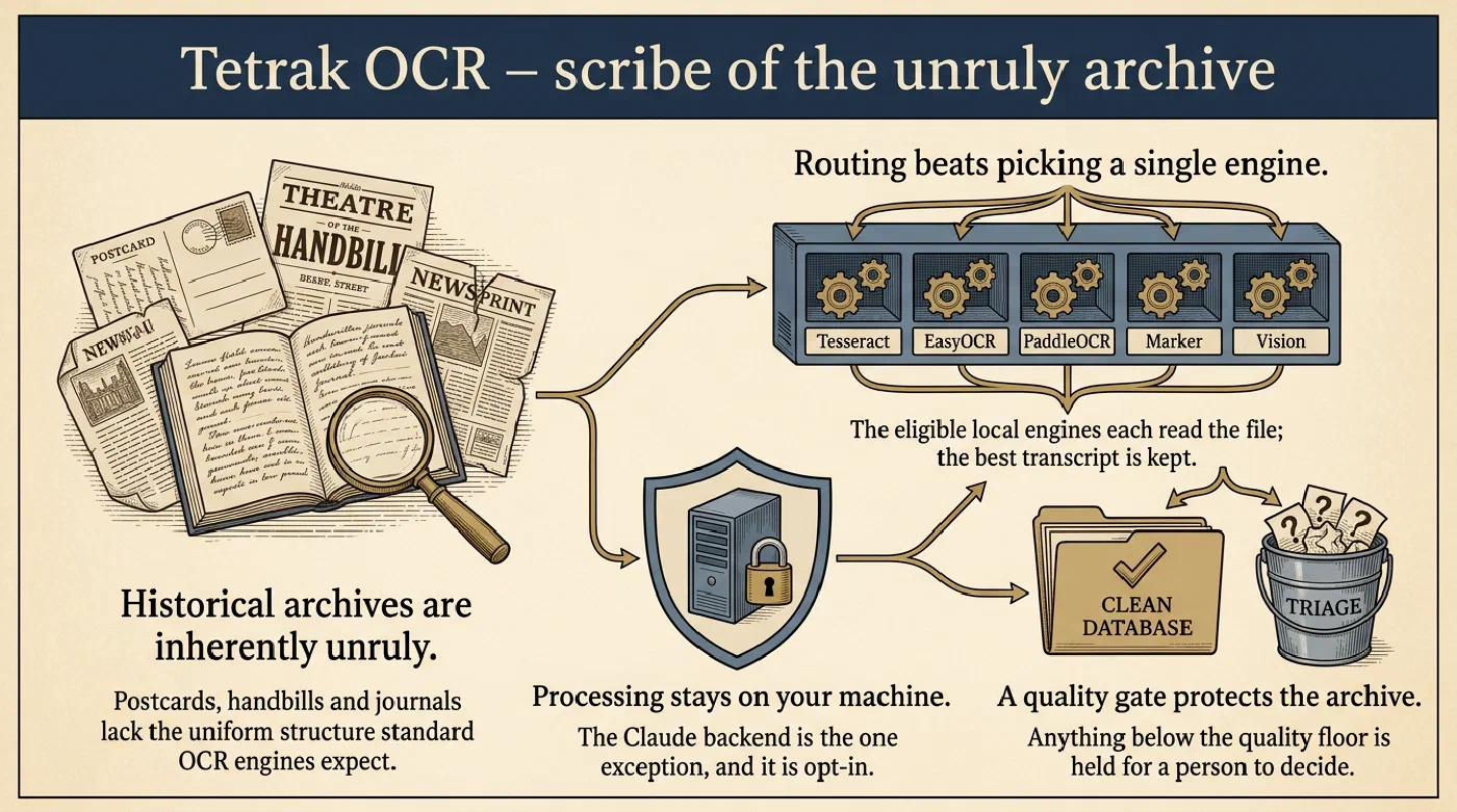 Tetrak OCR, scribe of the unruly archive. Four claims flow left to right. A magnifier picks over a heap of postcards, a theatre handbill, an open journal and torn newsprint: historical archives are inherently unruly, because postcards, handbills and journals lack the uniform structure standard OCR engines expect. Arrows fan into a rack of five geared bays labelled Tesseract, EasyOCR, PaddleOCR, Marker and Vision: routing beats picking a single engine, since the eligible local engines each read the file and the best transcript is kept. A server behind a padlocked shield: processing stays on your machine, with the Claude backend the one opt-in exception. The flow then splits into a folder marked CLEAN DATABASE and a bucket marked TRIAGE: a quality gate protects the archive, holding anything below the quality floor for a person to decide